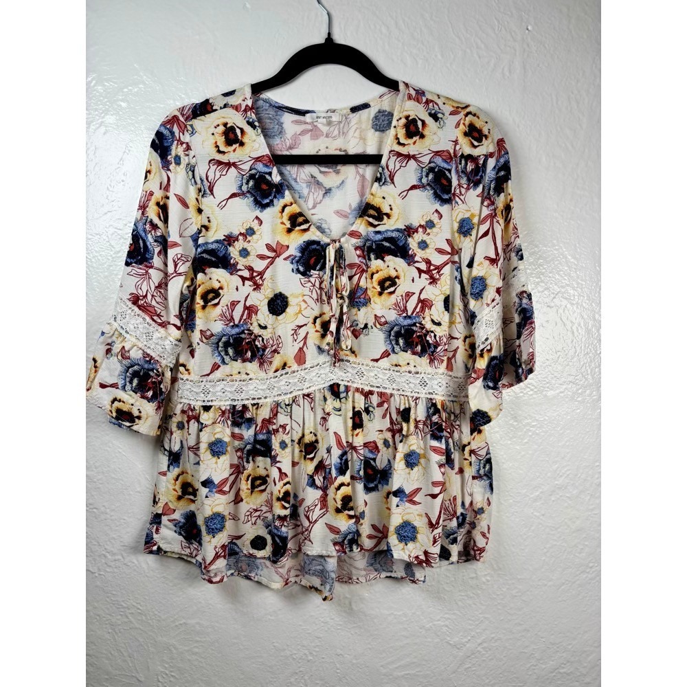 Peplum Top Womens XS Cream Floral Lace Trim Bell Sleeve Romantic Shabby Chic